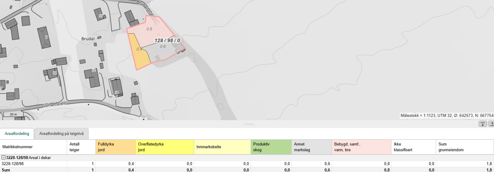 Oversikt over fulldyrket jord på Brudalstubben 21, totalt 0,4 dekar Galleribilde