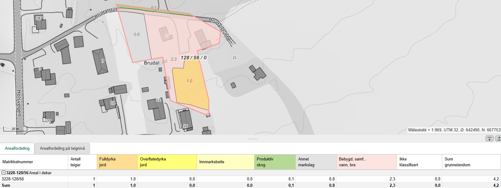 Oversikt over fulldyrket jord på Brudalstubben 15, totalt 1 dekar Galleribilde