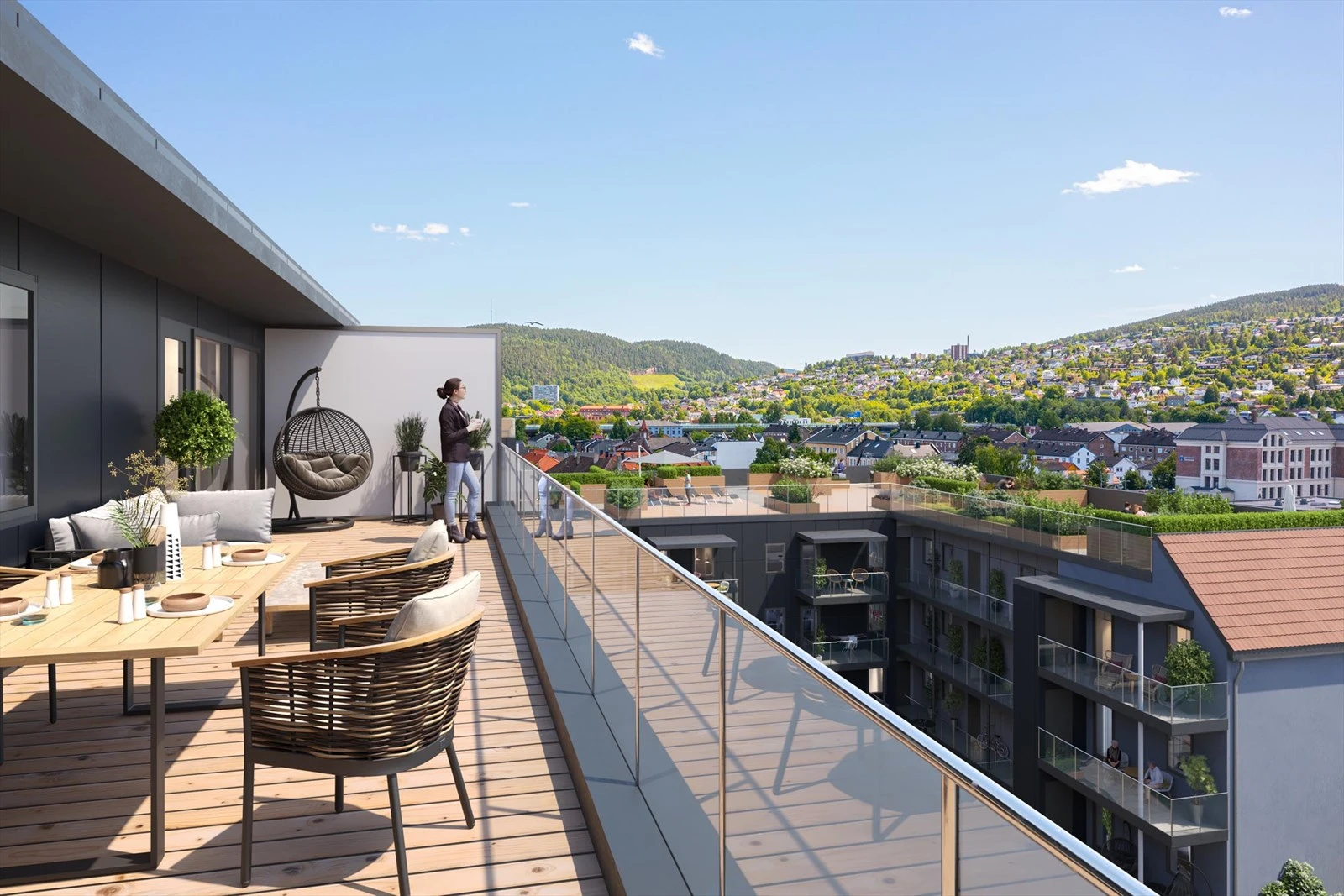 Det vil være store terrasser for toppleilighetene med med utstikt.