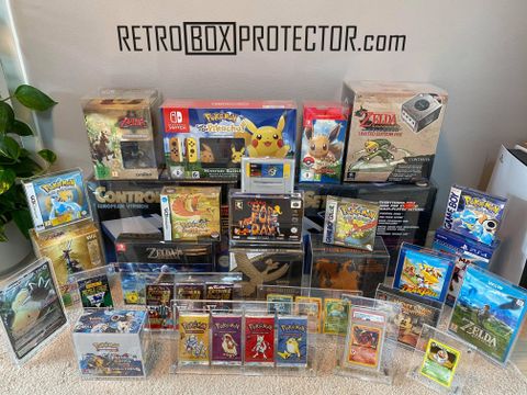 Display, beskyttelse og utstilling av spill, konsoller, pokemon og leketøy, brukt til salgs  Bønes