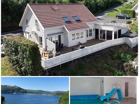 Stor hytte ved sjøen, med innendørs basseng