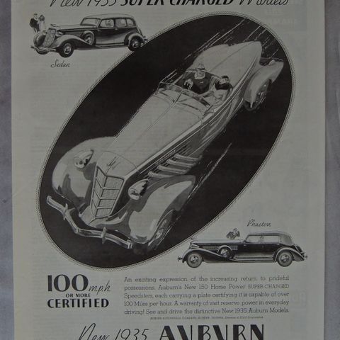 Reklamebilde originale AUTOADS 1935 AUBURN SUPER CHARGED