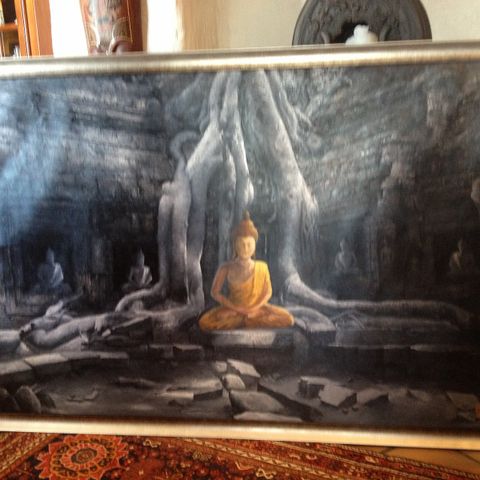 Stort vakkert Buddha maleri 190x132 med ramme