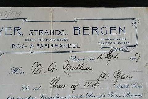 Selger en Faktura fra, F.BEYER,STRANDG..BERGEN 1907