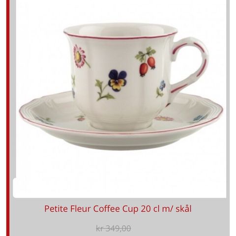 Ubrukt Villeroy & Boch "Petite Fleur" Frokosttallerke og kaffikopp med asjett.