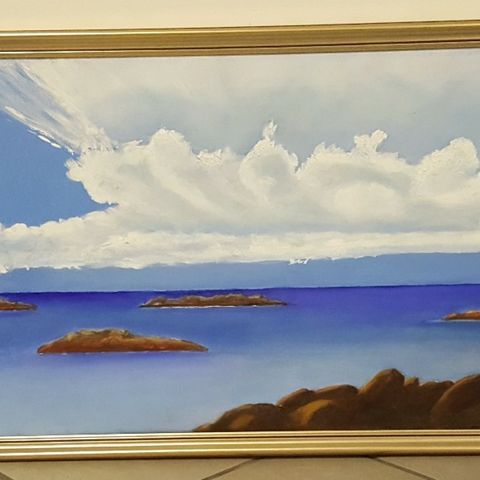 STORT Olje maleri, størrelse 125 cm X 44 cm-Illustrasjon: blå himmel, havet