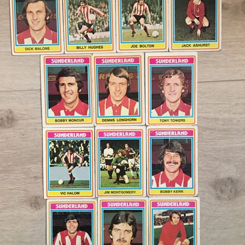 Sunderland AFC - komplett sett 13 stk Topps 1976 fotballkort