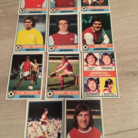 Arsenal -  komplett sett 11 stk Topps 1977 fotballkort