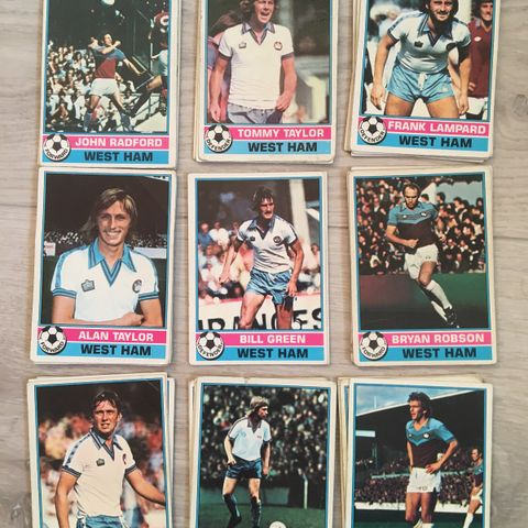 West Ham United - komplett sett 9 stk Topps 1977 fotballkort