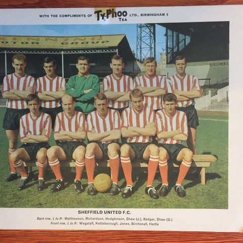 Svært Sjeldent Typhoo Stort fotballkort (poster) 1965 Sheffield United lagbilde