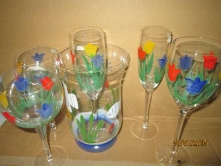 Retro glass med stett og stor blomstervase