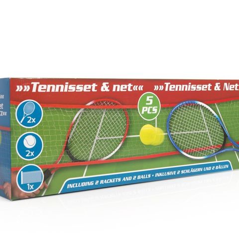 Komplett sett med nett, to racketer og to tennisballer