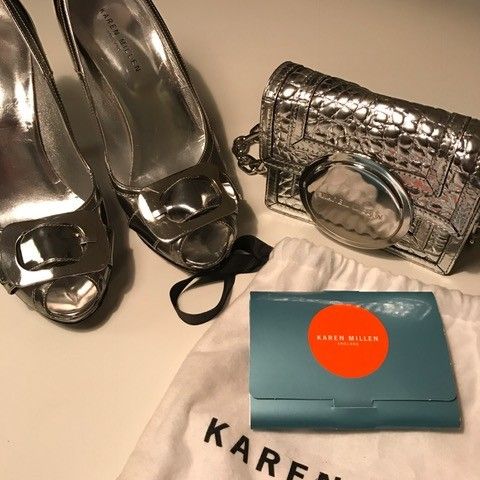 Karen Millen pumps str. 37,5 og veske 13x10,5 cm i sølv