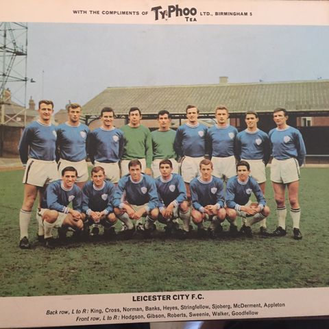 Svært sjeldent Typhoo tea stort fotballkort (poster) Leicester City 1965!