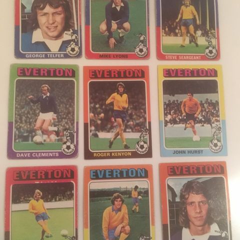 Everton - Topps 1975 fotballkort komplett sett 9 stk