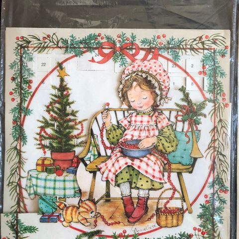 Fra 1970-tallet, adventskalender med Holly Hobbie inspirasjon. Julekalender