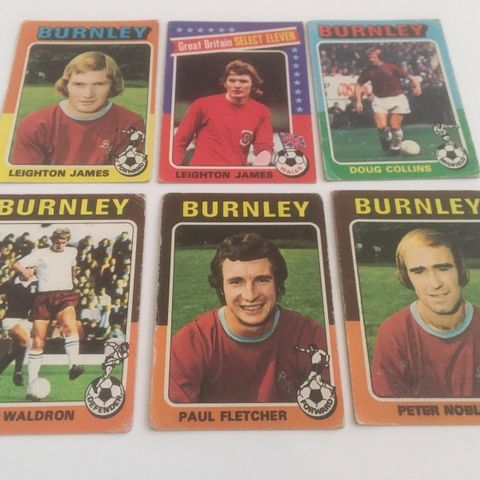 Burnley - komplett sett 6 stk Topps fotballkort fra 1975