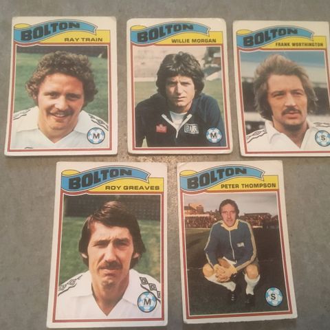 Bolton Wanderers - komplett sett 5 stk Topps 1978 fotballkort