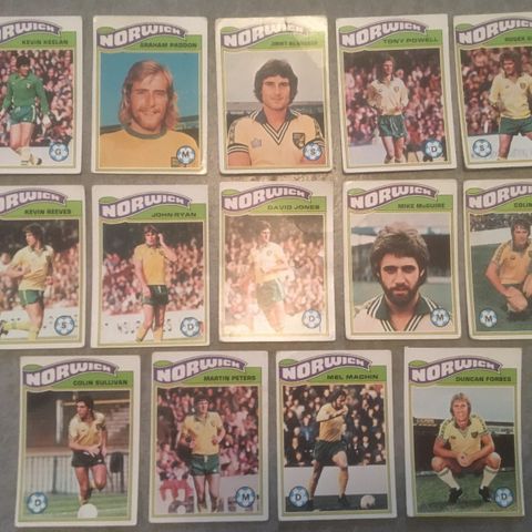 Norwich City - komplett sett 14 stk Topps 1978 fotballkort