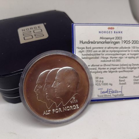 100 kr 2003 sølv, proof kv med etui og ekthetsbevis