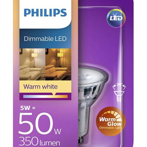 NY/UÅPNET Philips LED varmhvit GU10 5,5W (tilsvarer 50W)