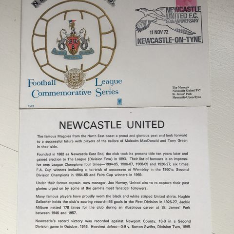 Newcastle United - Førstedagscover fra 1972