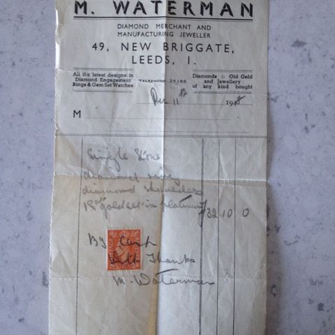 1948 British Diamond Merchant Invoice Bill with Postal Stamp