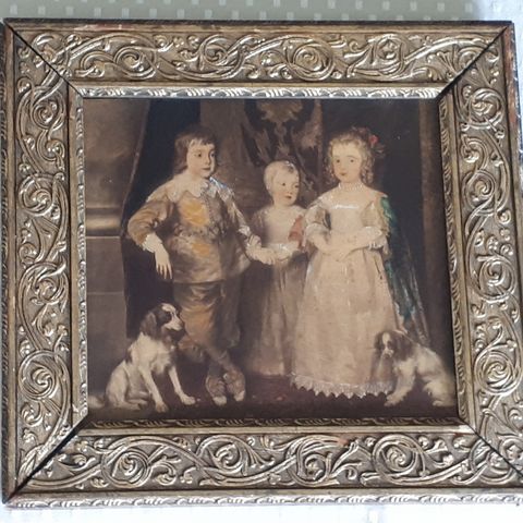 Antikk bilde, maleri fra barokkens dager av tre kongelige barn, fantastisk ramme