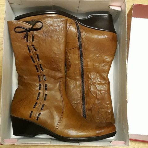 Ladies Pavers Tan Calf Wedge Leather Boots Str 41 - Ny