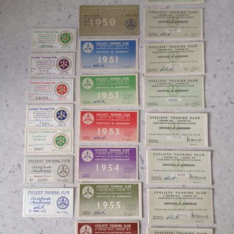 Vintage 1943 to 1964 CTC (Cyclists Touring Club) Annual Membership Cards