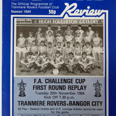 Fotballprogram Tranmere Rovers vs Bangor City FA Cup 1984/85