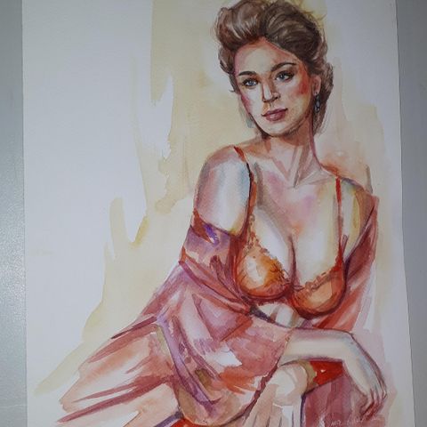 ORIGINAL FEMALE ART AQUARELL WATERCOLOR.Signert.