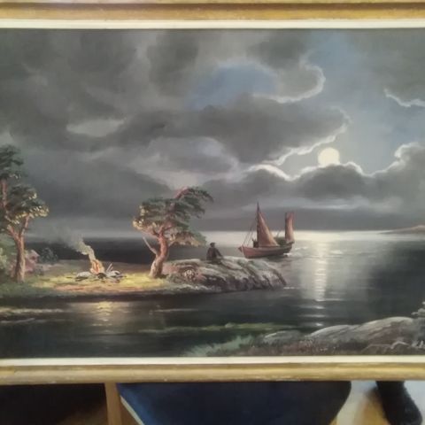 maleri med bilde av kyst idyll. stort bilde. H. Leander