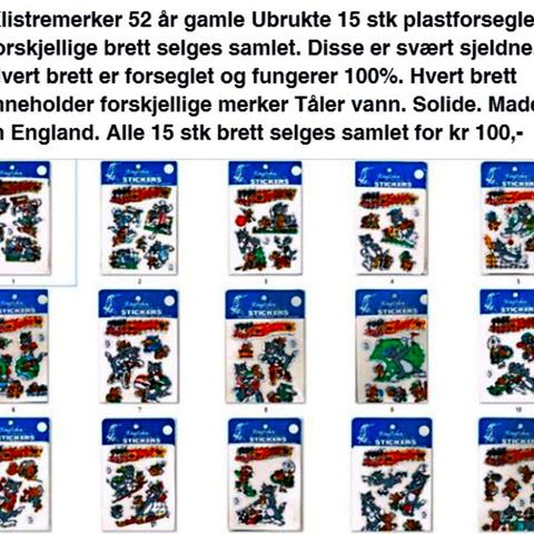 Klistremerker 52 år gml - 15 stk plastforseglet forskjellige brett selges samlet