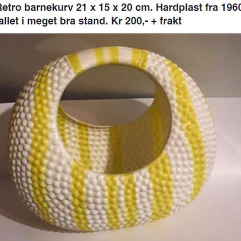 Retro barnekurv 21 x 15 x 20 cm. Hardplast fra 1960 tallet