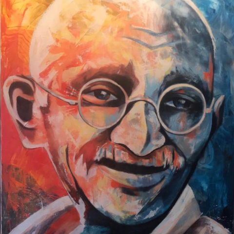Stort Gandhi bilde, akryl på lerret, kunst