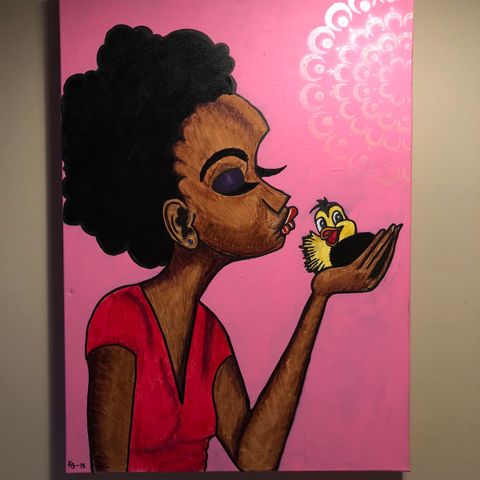 Bilde/maleri «Jente og fugl»
