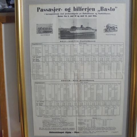 Rute tabell  fra 1953 M/F Bastø Horten-Moss i fin stand