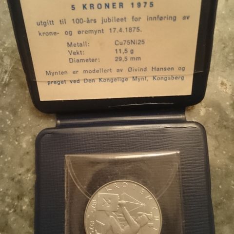 5 krone 1975 kronemynten 100 år i spesialpakning