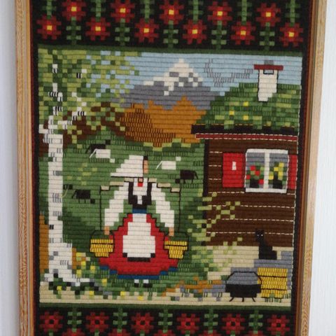 Gammelt bonderomantisk brodert bilde, håndarbeid 65 x 48,5 cm, selges.