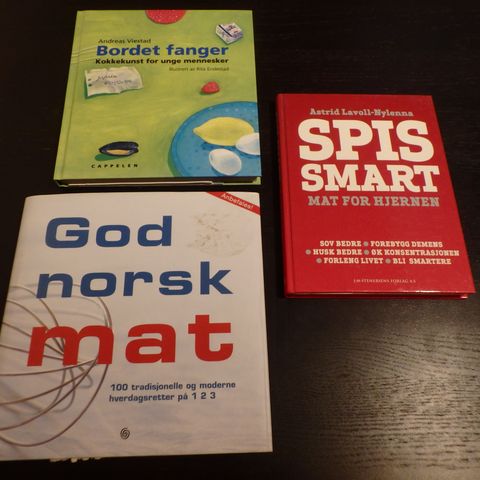 Kokebøker og bøker om ernæring (god norsk mat, bordet fanger og spis smart)