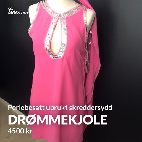 Skreddersydd  kjole m håndbroderte perler etc.Helt unik.Rosa.str36/38