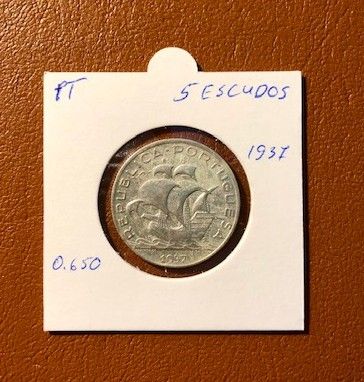 Portugal sølv 5 Escudos 1937. Vanskelig dato og høy katalogverdi!