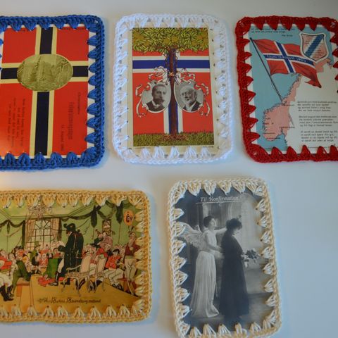 Vintage kort med nyheklet kant  + Kort med flagg Konfirmasjonskort mm . trnd 35