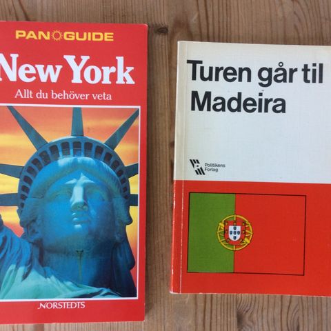 2 reisehåndbøker. «NEW YORK» er NY og i plast omslag, og MADEIRA». pent brukt