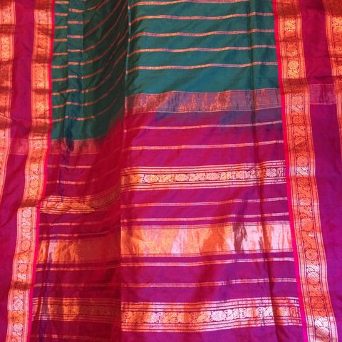 Saree. Sari. Silk. India. Turquoise Gold Pink. 5,5m x 107cm. Stoff