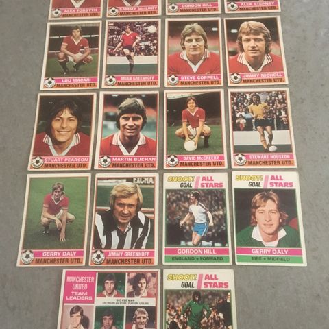 Manchester United -komplett sett 18 stk Topps 1977  fotballkort inkl G. Best!