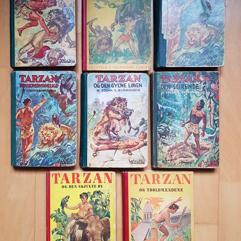 Tarzan, 4 titler, bøker av Edgar R. Burroughs, gamle utgaver, norsk og dansk