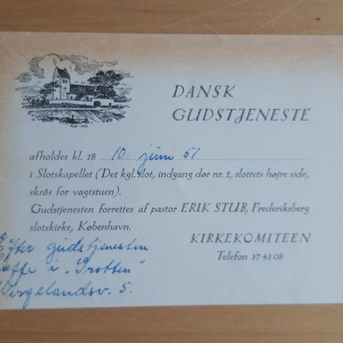 Invitasjonskort -Dansk Gudtjeneste Slottskapellet 10 juni 1951