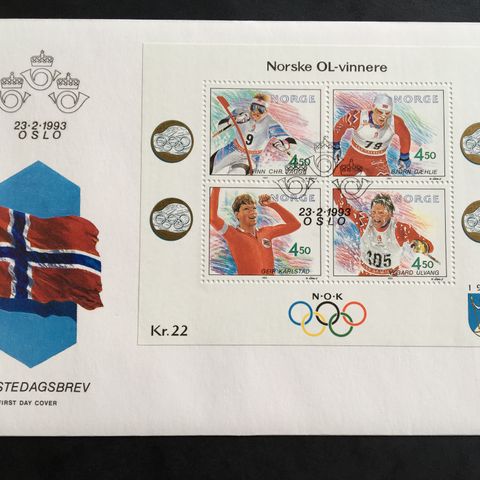 Norge  1993  Norske OL-vinnere V FDC  NK 1168 - 1171  BL 18